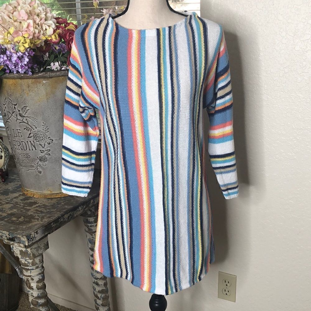 Chaps linen and cotton striped three quarter sleeve sweater‎